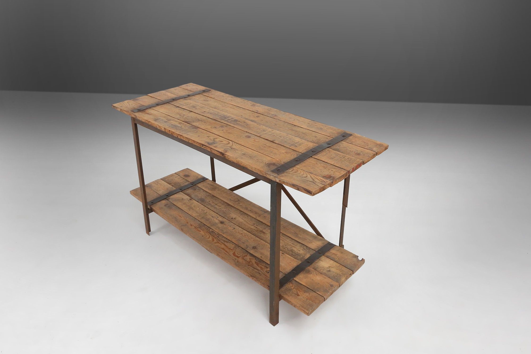  Industrial side tables with metal frame and wooden top and removable platform, Belgium, 1920thumbnail